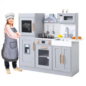 Kids Wooden Upright Kitchen Playset with Accessories Pretend Play Kitchen Toys, 39.8" x 11.6" x 5.8", Gray