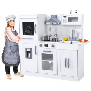 Kids Kitchen Playset, Wooden Chef Pretend Play Set with 20 PCS Cookware Accessories, Wooden Cookware Pretend with Ice Maker, Microwave, Oven, Range Hood, Sink, Real Lights & Sounds，White