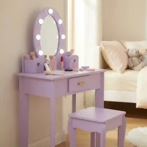 Kids Vanity Table Set with Lights Mirror, Storage Drawer and Stool Suitable for Girls Age 3-10, Purple