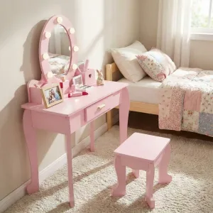 Kids Vanity Table Set with Lights Mirror, Storage Drawer and Stool Suitable for Girls Age 3-10, Pink