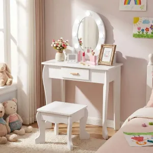 Kids Vanity Table Set with Lights Mirror, Storage Drawer and Stool Suitable for Girls Age 3-10, White