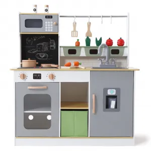 Kids Wooden Play Kitchen, Vegetable Kitchen with Oven, Microwave Oven, Refrigerator & Cookware Accessories, Gift for Ages 3+