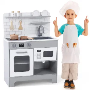 Kids Kitchen Playset, Wooden Chef Pretend Play Set with Cookware Accessories, Wooden Cookware Pretend with Microwave, Oven, Sink, Real Lights & Sounds
