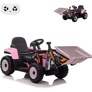 12V Kids Ride on Car,Excavator with Bucket & Remote Control,Toddler Battery Powered Electric Vehicle,2+1 Gear Shift,3 Speeds,Bluetooth,7-LED Headlights,Music,Thread Tire,Pink