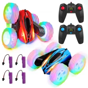 2 Pack Remote Control Car Toys for Kids, 2.4GHz RC Stunt Cars with Wheel Lights, Drift High Speed 4WD Off Road Double Sided 360° Rotating Cars, for Boys Girls