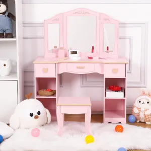 Girls' Vanity Table and Stool Set with Mirror, Drawer and Wood Makeup Playset Toy for Age 3-10, Pink