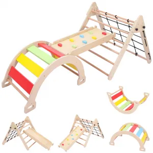 Toddler Indoor Gym Playset, 3 in 1 Wooden Climbing Toys, 3-Sided Wooden Triangle Climber with Climbing Net, Sliding Ramp & Board for Kids Boys Girls Indoor Gym Playset Gift, Home & Daycare