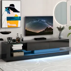 TV Stand For TVs Up To 75 Inch With 2 Cabinets 2 Layers Glass Shelves 16-Color RGB LED Modern Gaming Entertainment Center Black