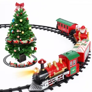 Christmas Train Set for Around & Under The Tree, Electric Train Set with Light & Sound, Battery Operated Train Toys with Locomotive Engine, Cars & Tracks, Kids Train Set Gift for Boys Girls