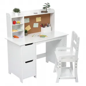 Kids Wooden Study Desk & Chair Set with Bulletin Board, Cabinets and Bookshelf Suitable for Age 3-10, White