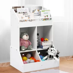 Kids Bookshelf and Toy Storage, Wood Book Shelf Organizer for Toddler, Playroom Storage, White