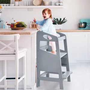 Toddler Learning Tower Step Stool for Kitchen Counter Bathroom Sink, Adjustable Height, Non-Skip Feet & Heavy Duty, Chalkboard, Wood Standing Tower for Toddlers 1-3