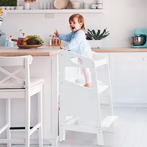 Kids Wooden Kitchen Step Stool Non-slip Adjustable Height 100% Wood Chalkboard Ages 18 Months to 4 Years