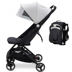 Lightweight Compact Stroller, One Hand Fold, Airplane Friendly, Reclining Seat, Canopy, Smooth Suspension, Travel Ready, Pink, Ideal for Travel - Beige