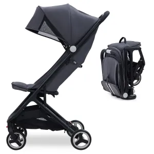 Lightweight Compact Stroller, One Hand Fold, Airplane Friendly, Reclining Seat, Canopy, Smooth Suspension, Travel Ready, Pink, Ideal for Travel - Gray