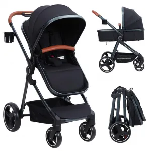 Convertible Baby Stroller with Bassinet Mode Luxury Aluminum Structure 5-Point Harness Black