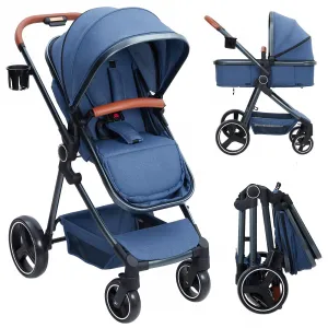 2-in-1 Convertible Baby Stroller with Bassinet Mode - Foldable Infant Pushchair, Toddler High Landscape Stroller with Reversible Stroller Seat, Aluminum Structure, 5-Point Harness - Blue