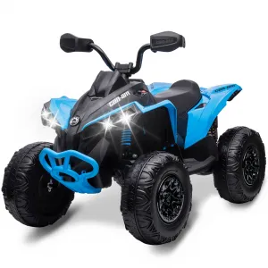 Ride - P Series: 12V Ride on Toy Car Bombardier Licensed BRP Can-am 4 Wheeler Quad Electric Vehicle, w/LED Lights, Spring Suspension, Bluetooth, Music, USB, Treaded Tires, White - Blue