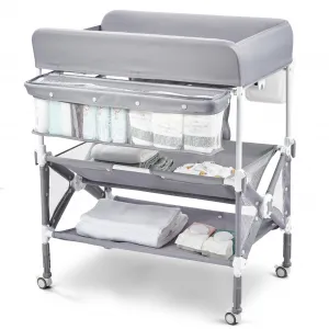 Portable Baby Changing Table, Foldable Diaper Change Table with Wheels, Adjustable Height, Cleaning Bucket, Changing Station for Infant Mobile Nursery Organizer for Newborn, Grey