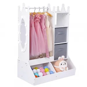 Girls' Dress up Storage with Light & Mirror, Kids Clothing Rack with Storage Bin, Girl's Open Hanging Armoire Closet, White