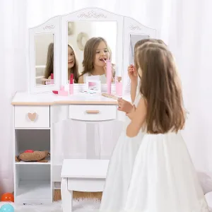 Girls' Vanity Table and Stool Set with Mirror, Drawer and Wood Makeup Playset Toy for Age 3-10, White