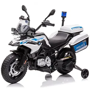 Ride P Series 12V BMW Police Motorcycle for Kids: 2 Speeds, LED Headlights, Spring Suspension, MP3, Music, Training Wheels, for Boys and Girls - White