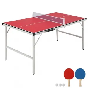 Portable Ping Pong Table + Foldable Design + Adjustable Feet + Aluminum Frame + Indoor Outdoor Use + 100% Pre-Assembled + Red