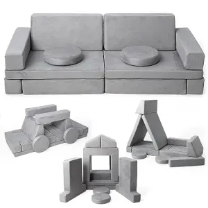 12 Pcs Modular Kids Play Couch, Convertible Sofa for Playing, Creating, Sleeping, Bedroom and Playroom Imaginative Furniture for Boys and Girls, Grey