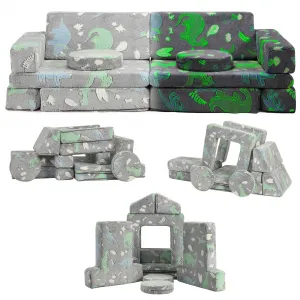 12 Piece Modular Kids Couch, Convertible Dinosaur Glow in The Dark Sofa for Play, Sleep, and Imagination in Bedroom or Playroom for Boys and Girls