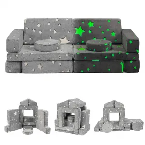 12 Pcs Modular Kids Couch + Convertible Sofa + Star Glow in The Dark + Multi-Functional Design + Grey Color + Bedroom & Playroom