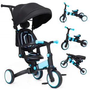 7-in-1 Foldable Baby Tricycle with Adjustable Handle, Removable Pedal, Canopy & Guardrail, Aluminum Frame, for 12-72 Months (Blue)