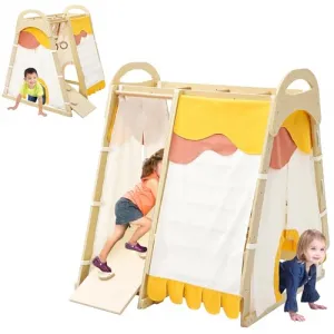 Toddler Indoor Gym Playset, 7-in-1 Wooden Climbing Toys with Tent， Monkey Bar, Rings, Climbing Structure for Boys and Girls,3Y+
