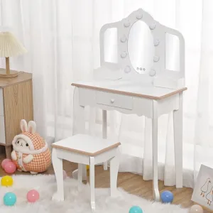 Kids Vanity Table Set with 3 Mirrors and Light Suitable for Age 3-10, White