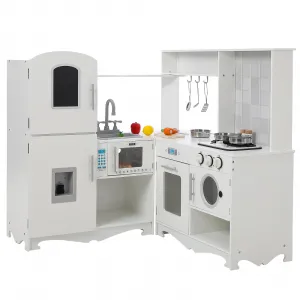 Corner Play Kitchen-Wooden Kitchen Playset w/Cooking Stove,Oven,Sink, Microwave, Blackboard, Storage Cabinets,Washing Machine-Pretend Cooking Toys with Sound Light for Kids
