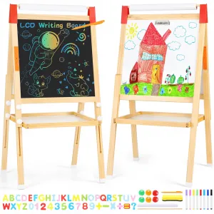 Kids Art Easel LCD Whiteboard Adjustable Height Magnetic Wood Pine