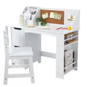 White Study Desk and Chair Set with Bookshelf, Bulletin Board, and Cabinets Ideal for Boys and Girls Ages 3-10