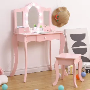 Kids Vanity, Girls Vanity Table with Mirror, Light,Stool & Drawer, 2 in 1 Wooden Princess Makeup Desk Dressing Table, Toddler Vanity,Pretend Play Vanity Set for Kids