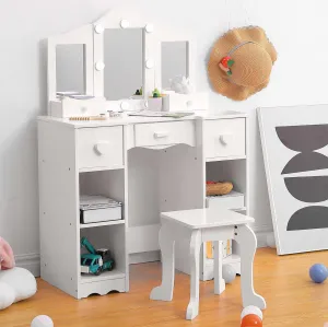 Kids Vanity, Girls Vanity Table with Mirror, Light,Stool & Drawer, 2 in 1 Wooden Princess Makeup Desk Dressing Table, Toddler Vanity,Pretend Play Vanity Set for Kids