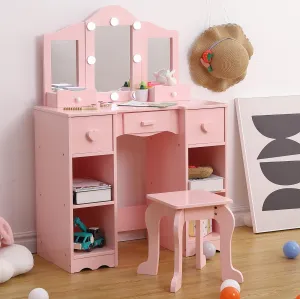 Kids Vanity, Girls Vanity Table with Mirror, Light,Stool & Drawer, 2 in 1 Wooden Princess Makeup Desk Dressing Table, Toddler Vanity,Pretend Play Vanity Set for Kids