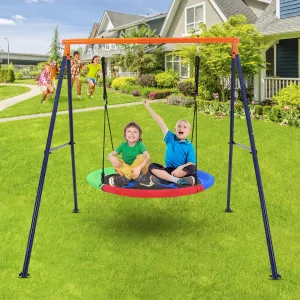 Kids Saucer Swing Set + Heavy-Duty Metal Frame + Adjustable Ropes + Durable Polymer Seat + Non-Slip Surface + 440lbs Load + Backyard, Playground