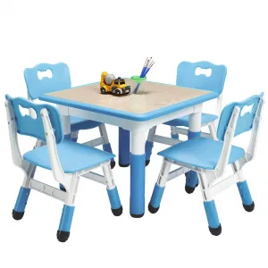 Square Kids Table and Chairs Set, 60 x 60CM, Height Adjustable Desk with 4 Seats, Graffiti Desktop, Non-Slip Legs, Multi-Activity Table for Classrooms Daycares Home, Blue