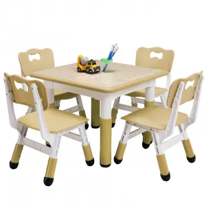 Square Kids Table and Chairs Set, 60 x 60CM, Height Adjustable Desk with 4 Seats, Graffiti Desktop, Non-Slip Legs, Multi-Activity Table for Classrooms Daycares Home - Wood Color