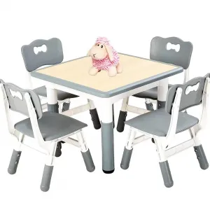 Square Kids Table and Chairs Set, 60 x 60CM, Height Adjustable Desk with 4 Seats, Graffiti Desktop, Non-Slip Legs, Multi-Activity Table for Classrooms Daycares Home - Light Gray Color