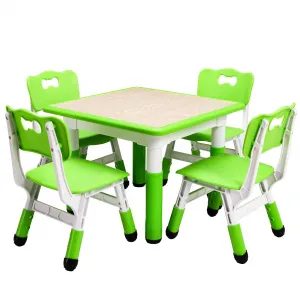 Square Kids Table and Chairs Set, 60 x 60CM, Height Adjustable Desk with 4 Seats, Graffiti Desktop, Non-Slip Legs, Multi-Activity Table for Classrooms Daycares Home - Green Color
