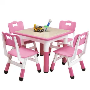 Square Kids Table and Chairs Set, 60 x 60CM, Height Adjustable Desk with 4 Seats, Graffiti Desktop, Non-Slip Legs, Multi-Activity Table for Classrooms Daycares Home - Pink Color