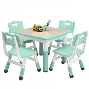 Square Kids Table and Chairs Set, 60 x 60CM, Height Adjustable Desk with 4 Seats, Graffiti Desktop, Non-Slip Legs, Multi-Activity Table for Classrooms Daycares Home - Light Blue Color