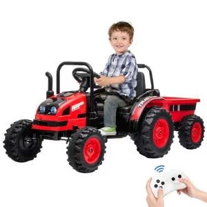 Ride - P Series: 12V Electric Ride-On Tractor for Kids with Trailer, Remote Control, Music, LED Lights, and Rear Wheel Suspension - Battery Powered Toy Vehicle - Red