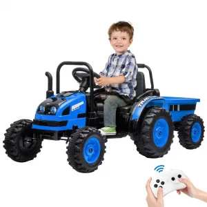Ride - P Series: 12V Electric Ride-On Tractor for Kids with Trailer, Remote Control, Music, LED Lights, and Rear Wheel Suspension - Battery Powered Toy Vehicle - Blue
