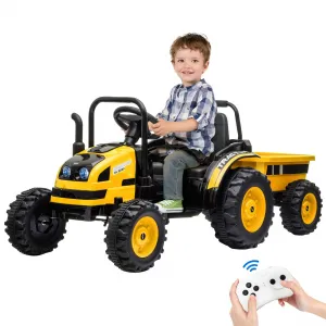 Ride - P Series: 12V Electric Ride-On Tractor for Kids with Trailer, Remote Control, Music, LED Lights, and Rear Wheel Suspension - Battery Powered Toy Vehicle - Yellow