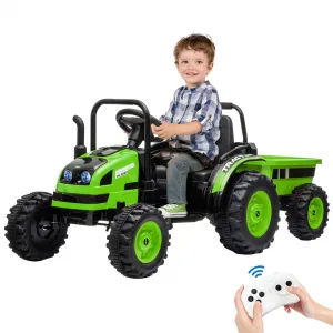Ride - P Series: 12V Electric Ride-On Tractor for Kids with Trailer, Remote Control, Music, LED Lights, and Rear Wheel Suspension - Battery Powered Toy Vehicle - Green